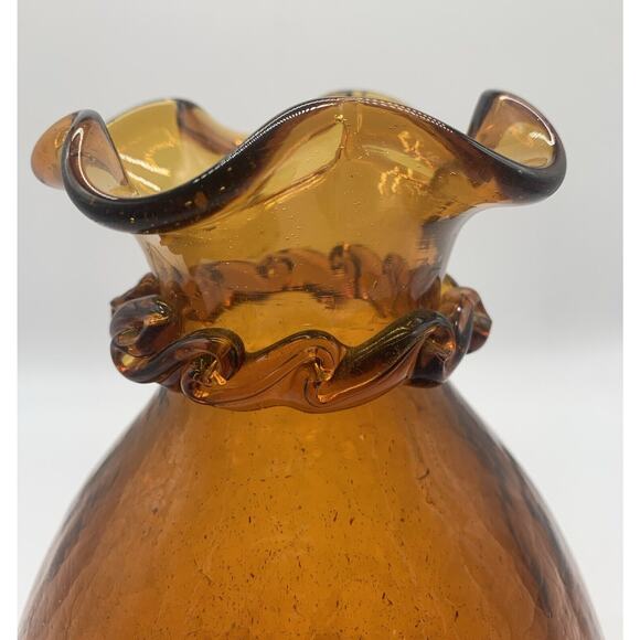 Vintage Pilgrim Amber Crackle Glass Ruffle Top Applied Rigaree 9” Vase - Picture 5 of 6